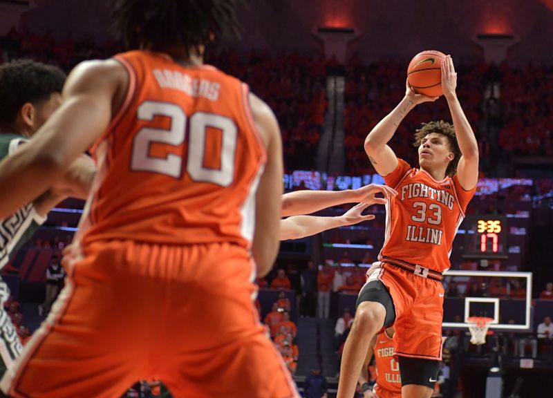 Jan 13, 2023; Champaign, Illinois, USA;  Illinois Fighting Illini forward Coleman Hawkins (33) shoots the ball during the first half against the Michigan State Spartans at State Farm Center. Mandatory Credit: Ron Johnson-USA TODAY Sports