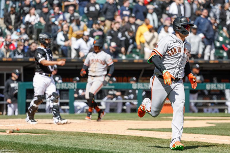 Apr 6, 2023; Chicago, Illinois, USA; San Francisco Giants first baseman Joc Pederson (23) runs to first base after hitting a two-run single against the Chicago White Sox during the fourth inning at Guaranteed Rate Field. Mandatory Credit: Kamil Krzaczynski-USA TODAY Sports