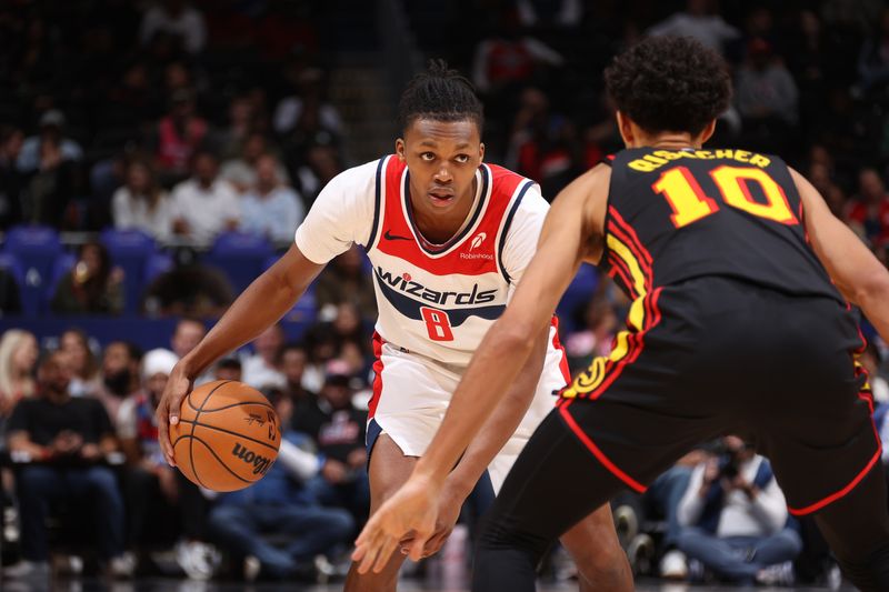 WASHINGTON, DC -? OCTOBER 30: Carlton Carrington #8 of the Washington Wizards dribbles the ball during the game against the Atlanta Hawks during a regular season game on October 30, 2024 at Capital One Arena in Washington, DC. NOTE TO USER: User expressly acknowledges and agrees that, by downloading and or using this Photograph, user is consenting to the terms and conditions of the Getty Images License Agreement. Mandatory Copyright Notice: Copyright 2024 NBAE (Photo by Kenny Giarla/NBAE via Getty Images)