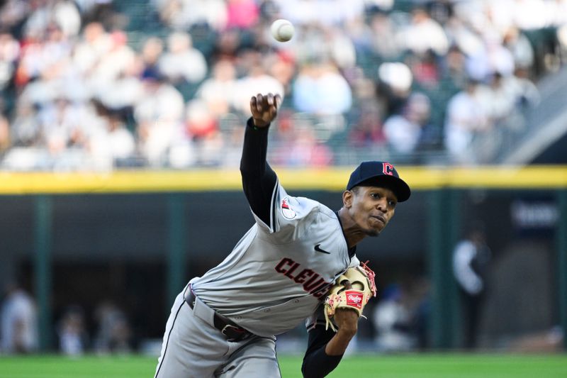 May 11, 2024; Chicago, Illinois, USA;  Cleveland Guardians pitcher Triston McKenzie (24) delivers against the Chicago White Sox during the first inning at Guaranteed Rate Field. Mandatory Credit: Matt Marton-USA TODAY Sports