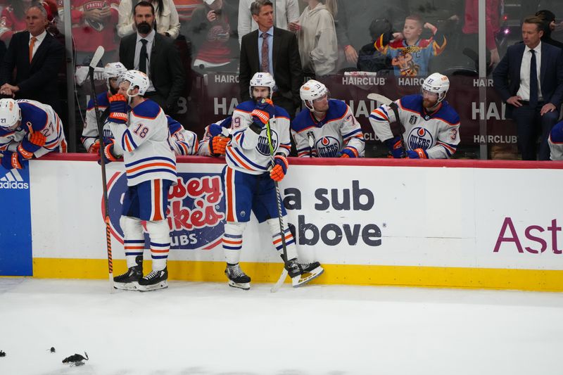 Jun 24, 2024; Sunrise, Florida, USA; Edmonton Oilers look on after the defeat against Florida Panthers in game seven of the 2024 Stanley Cup Final at Amerant Bank Arena. Mandatory Credit: Jim Rassol-USA TODAY Sports