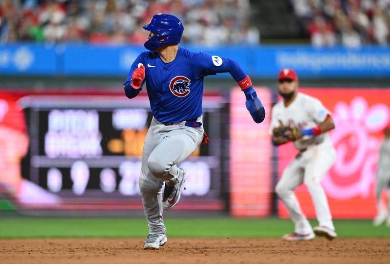 Sep 24, 2024; Philadelphia, Pennsylvania, USA; Chicago Cubs catcher Miguel Amaya (9) advances to third against the Philadelphia Phillies in the sixth inning at Citizens Bank Park. Mandatory Credit: Kyle Ross-Imagn Images