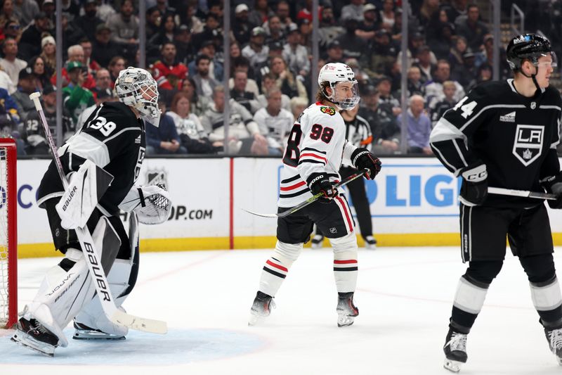 Mar 19, 2024; Los Angeles, California, USA;  Chicago Blackhawks center Connor Bedard (98) on the ice during the second period against the Los Angeles Kings at Crypto.com Arena. Mandatory Credit: Kiyoshi Mio-USA TODAY Sports