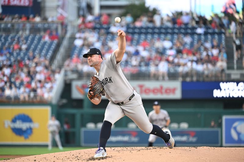 Aug 28, 2024; Washington, District of Columbia, USA; New York Yankees starting pitcher Carlos Rodon (55) throws a pitch against the Washington Nationals during the first inning at Nationals Park. Mandatory Credit: Rafael Suanes-USA TODAY Sports