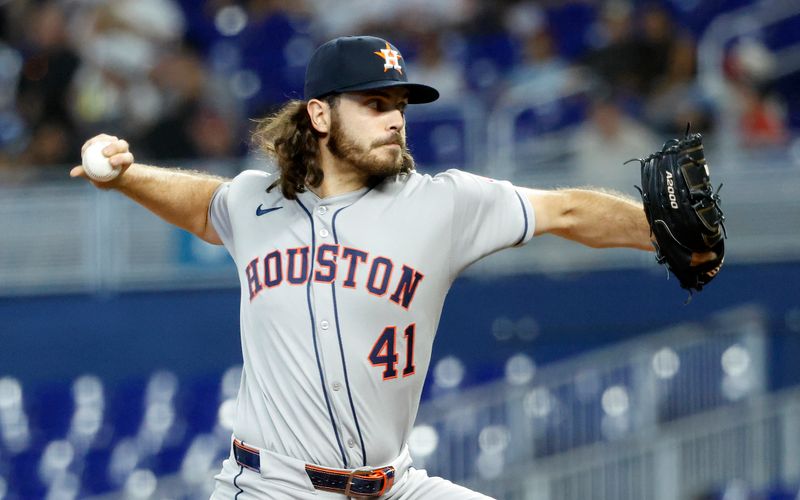 Aug 6, 2025; Miami, Florida, USA;  Houston Astros starting pitcher Spencer Arrighetti (41) pitches against the Miami Marlins during the first inning at loanDepot Park. Mandatory Credit: Rhona Wise-Imagn Images