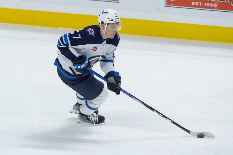 Jan 20, 2024; Ottawa, Ontario, CAN; Winnipeg Jets center Vladislav Namestnikov (7) skates with the puck in the third period against the Ottawa Senators at the Canadian Tire Centre. Mandatory Credit: Marc DesRosiers-USA TODAY Sports