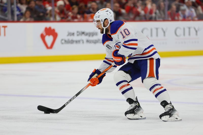 Jun 24, 2024; Sunrise, Florida, USA; Edmonton Oilers forward Derek Ryan (10) controls the puck during the first period against the Florida Panthers in game seven of the 2024 Stanley Cup Final at Amerant Bank Arena. Mandatory Credit: Sam Navarro-USA TODAY Sports