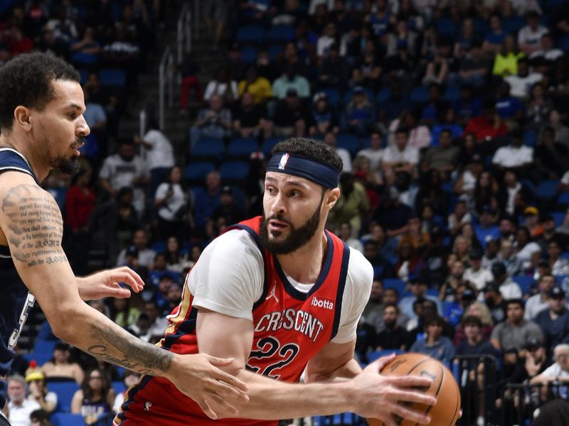 ORLANDO, FL - MARCH 21: Larry Nance Jr. #22 of the New Orleans Pelicans handles the ball during the game against the Orlando Magic on March 21, 2024 at Amway Center in Orlando, Florida. NOTE TO USER: User expressly acknowledges and agrees that, by downloading and or using this photograph, User is consenting to the terms and conditions of the Getty Images License Agreement. Mandatory Copyright Notice: Copyright 2024 NBAE (Photo by Fernando Medina/NBAE via Getty Images)