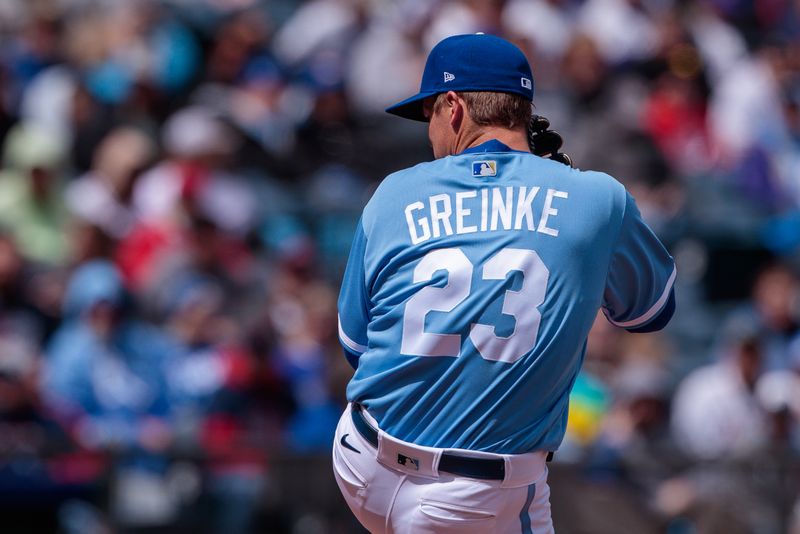 Apr 16, 2023; Kansas City, Missouri, USA; Kansas City Royals starting pitcher Zack Greinke (23) pitches during the fourth inning against the Atlanta Braves at Kauffman Stadium. Mandatory Credit: William Purnell-USA TODAY Sports