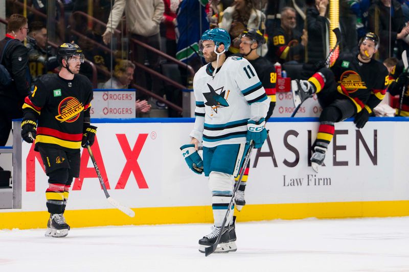 Dec 23, 2023; Vancouver, British Columbia, CAN; San Jose Sharks forward Luke Kunin (11) skates off the ice after losing to the Vancouver Canucsk at Rogers Arena. Canucks won 7-4. Mandatory Credit: Bob Frid-USA TODAY Sports