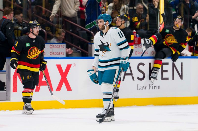 Dec 23, 2023; Vancouver, British Columbia, CAN; San Jose Sharks forward Luke Kunin (11) skates off the ice after losing to the Vancouver Canucsk at Rogers Arena. Canucks won 7-4. Mandatory Credit: Bob Frid-USA TODAY Sports