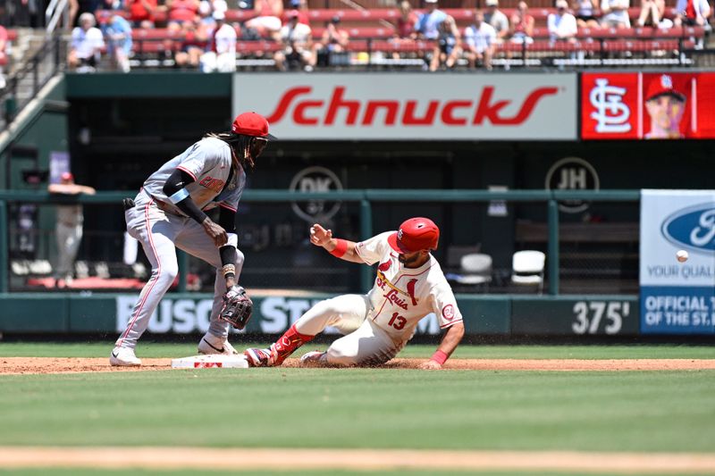 Jun 29, 2024; St. Louis, Missouri, USA; St. Louis Cardinals designated hitter Matt Carpenter (13) is s safe after hitting a double against the Cincinnati Reds during the third inning at Busch Stadium. Mandatory Credit: Jeff Le-USA TODAY Sports