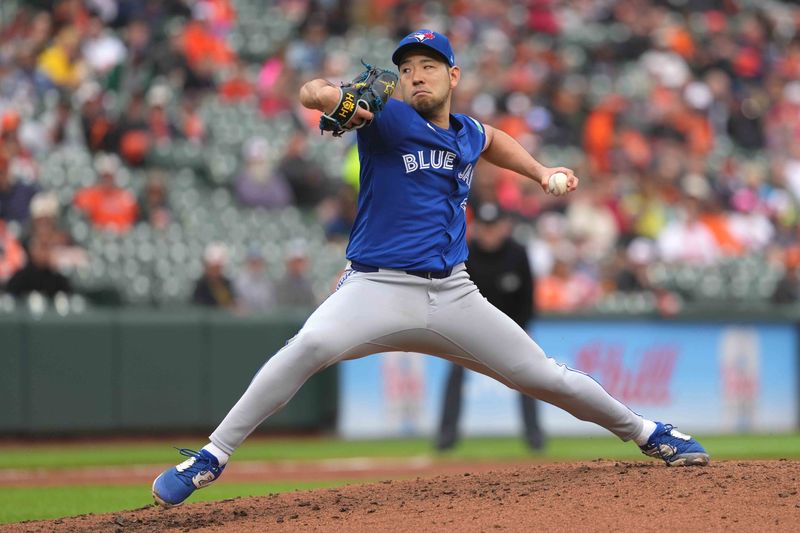 May 15, 2024; Baltimore, Maryland, USA; Toronto Blue Jays pitcher Yusei Kikuchi (39) pitches in the third inning against the Baltimore Orioles at Oriole Park at Camden Yards. Mandatory Credit: Mitch Stringer-USA TODAY Sports