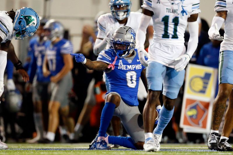 Oct 13, 2023; Memphis, Tennessee, USA; Memphis Tigers wide receiver Demeer Blankumsee (0) reacts after a first down catch during the first half against the Tulane Green Wave at Simmons Bank Liberty Stadium. Mandatory Credit: Petre Thomas-USA TODAY Sports