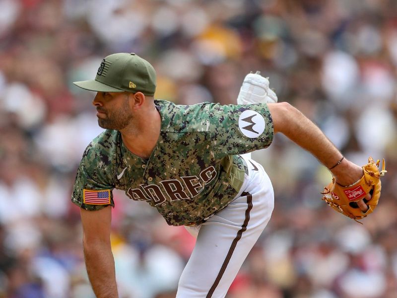 May 21, 2023; San Diego, California, USA;  San Diego Padres starting pitcher Nick Martinez (21) throws a pitch in the eighth inning against the Boston Red Sox at Petco Park. Mandatory Credit: David Frerker-USA TODAY Sports