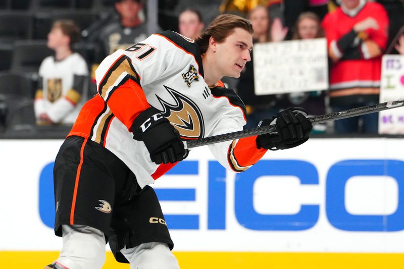 Apr 18, 2024; Las Vegas, Nevada, USA; Anaheim Ducks left wing Cutter Gauthier (61) takes a rookie lap before the start of a game against the Vegas Golden Knights at T-Mobile Arena. Mandatory Credit: Stephen R. Sylvanie-USA TODAY Sports