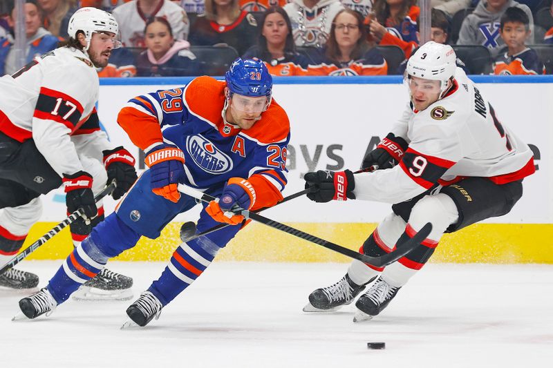 Jan 6, 2024; Edmonton, Alberta, CAN; Edmonton Oilers forward Leon Draisaitl (29) carries the puck around Ottawa Senators forward Josh Norris (9) during the first period at Rogers Place. Mandatory Credit: Perry Nelson-USA TODAY Sports