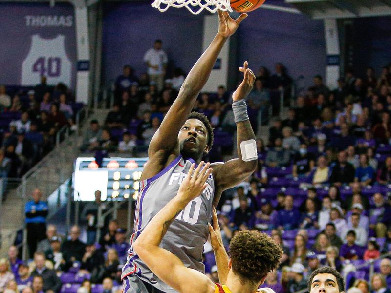 Jan 7, 2023; Fort Worth, Texas, USA; TCU Horned Frogs guard Damion Baugh (10) is fouled by Iowa State Cyclones guard Gabe Kalscheur (22) during the first half at Ed and Rae Schollmaier Arena. Mandatory Credit: Andrew Dieb-USA TODAY Sports