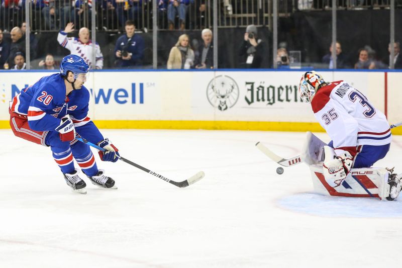 Feb 15, 2024; New York, New York, USA; Montreal Canadiens goaltender Sam Montembeault (35) makes a save on a shot on goal attempt from New York Rangers left wing Chris Kreider (20) in the second period at Madison Square Garden. Mandatory Credit: Wendell Cruz-USA TODAY Sports