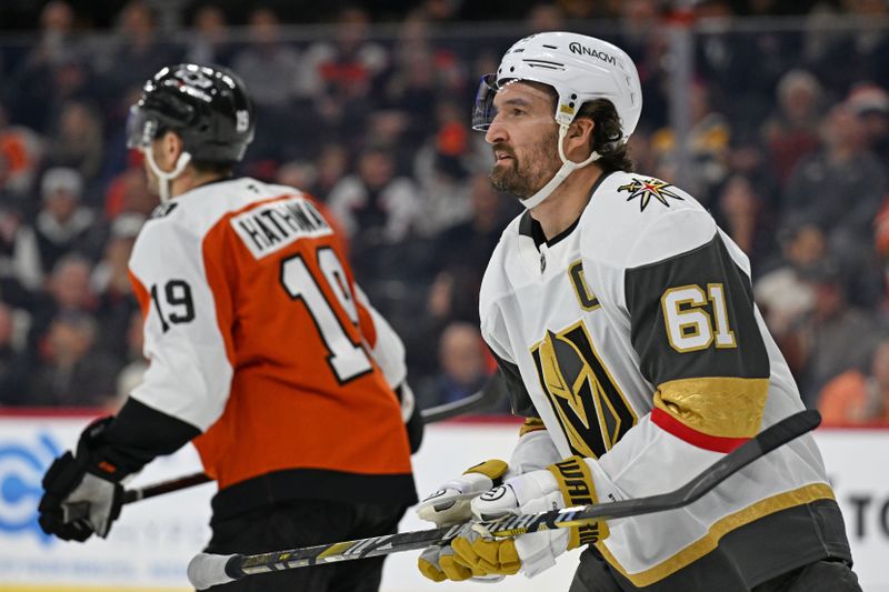 Dec 11, 2025; Philadelphia, Pennsylvania, USA; Vegas Golden Knights right wing Mark Stone (61) skates back to the bench after scoring a goal against the Philadelphia Flyers during the second period at Xfinity Mobile Arena. Mandatory Credit: Eric Hartline-Imagn Images