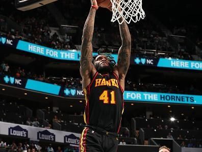 CHARLOTTE, NC - OCTOBER 25: Saddiq Bey #41 of the Atlanta Hawks dunks the ball during the game against the Charlotte Hornets on October 25, 2023 at Spectrum Center in Charlotte, North Carolina. NOTE TO USER: User expressly acknowledges and agrees that, by downloading and or using this photograph, User is consenting to the terms and conditions of the Getty Images License Agreement. Mandatory Copyright Notice: Copyright 2023 NBAE (Photo by Kent Smith/NBAE via Getty Images)