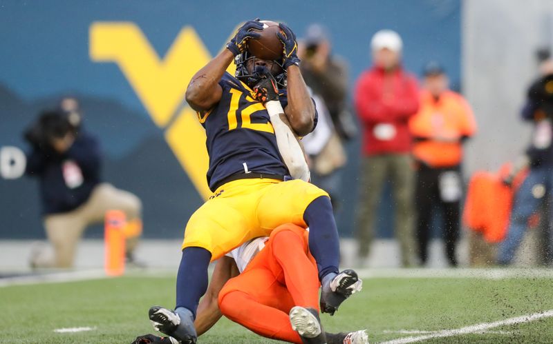 Oct 21, 2023; Morgantown, West Virginia, USA; West Virginia Mountaineers safety Anthony Wilson (12) intercepts a pass during the third quarter against the Oklahoma State Cowboys at Mountaineer Field at Milan Puskar Stadium. Mandatory Credit: Ben Queen-USA TODAY Sports