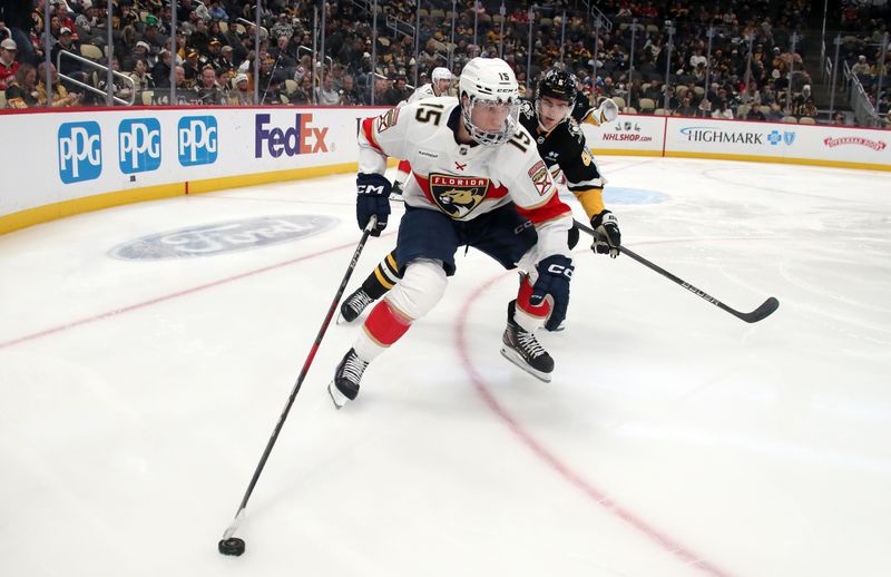 Dec 3, 2024; Pittsburgh, Pennsylvania, USA;  Florida Panthers center Anton Lundell (15) handles the puck against Pittsburgh Penguins defenseman Ryan Shea (5) during the third period at PPG Paints Arena. Mandatory Credit: Charles LeClaire-Imagn Images