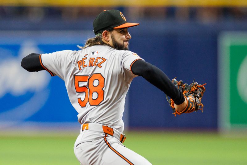 Jun 9, 2024; St. Petersburg, Florida, USA;  Baltimore Orioles pitcher Cionel Pérez (58) throws a pitch against the Tampa Bay Rays in the seventh inning at Tropicana Field. Mandatory Credit: Nathan Ray Seebeck-USA TODAY Sports