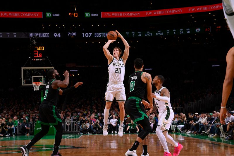 BOSTON, MA - MARCH 20: AJ Green #20 of the Milwaukee Bucks shoots the ball during the game against the Boston Celtics on March 20, 2024 at the TD Garden in Boston, Massachusetts. NOTE TO USER: User expressly acknowledges and agrees that, by downloading and or using this photograph, User is consenting to the terms and conditions of the Getty Images License Agreement. Mandatory Copyright Notice: Copyright 2024 NBAE  (Photo by Brian Babineau/NBAE via Getty Images)