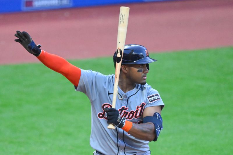 May 7, 2024; Cleveland, Ohio, USA; Detroit Tigers second baseman Andy Ibanez (77) requests a timeout in the sixth inning against the Cleveland Guardians at Progressive Field. Mandatory Credit: David Richard-USA TODAY Sports