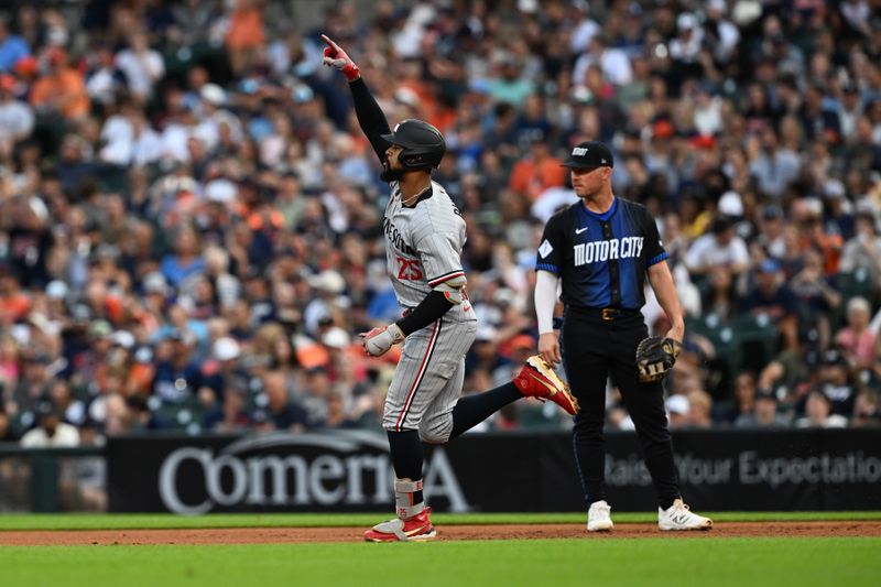 Jun 27, 2025; Detroit, Michigan, USA; Minnesota Twins center fielder Byron Buxton (25) celebrates after hitting a solo home run against the Detroit Tigers in the fifth inning at Comerica Park. Mandatory Credit: Lon Horwedel-Imagn Images