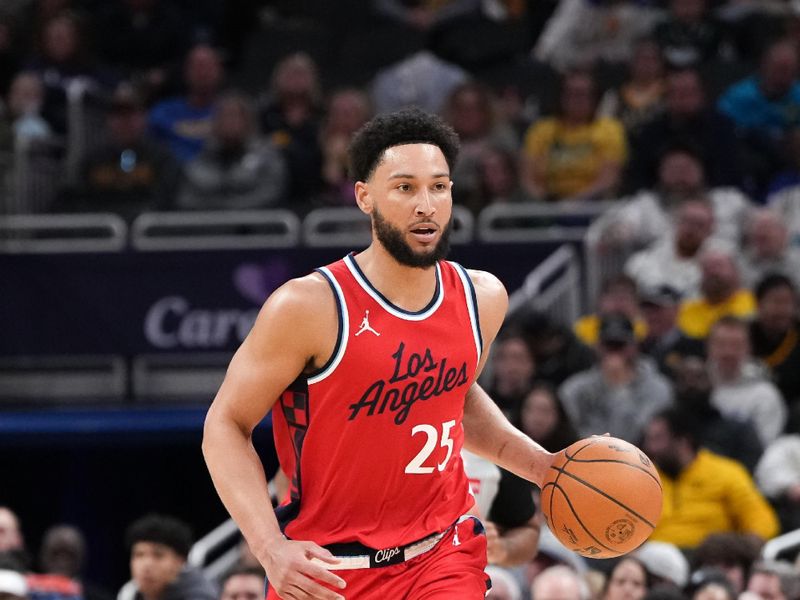 INDIANAPOLIS, INDIANA - FEBRUARY 23: Ben Simmons #25 of the Los Angeles Clippers dribbles the ball in the third quarter against the Indiana Pacers at Gainbridge Fieldhouse on February 23, 2025 in Indianapolis, Indiana. NOTE TO USER: User expressly acknowledges and agrees that, by downloading and or using this photograph, User is consenting to the terms and conditions of the Getty Images License Agreement. (Photo by Dylan Buell/Getty Images)