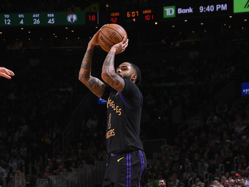 BOSTON, MA - FEBRUARY 1: D'Angelo Russell #1 of the Los Angeles Lakers shoots the ball during the game  against the Boston Celtics on February 1, 2024 at the TD Garden in Boston, Massachusetts. NOTE TO USER: User expressly acknowledges and agrees that, by downloading and or using this photograph, User is consenting to the terms and conditions of the Getty Images License Agreement. Mandatory Copyright Notice: Copyright 2024 NBAE  (Photo by Brian Babineau/NBAE via Getty Images)