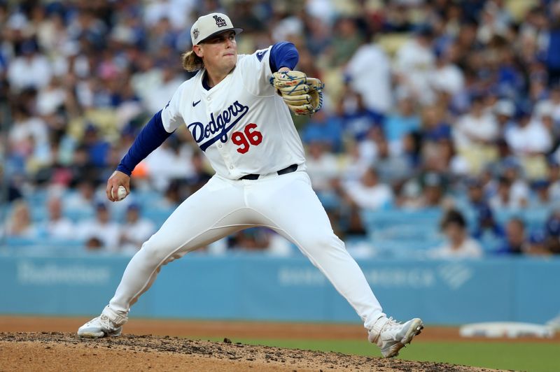 Jul 4, 2024; Los Angeles, California, USA; Los Angeles Dodgers pitcher Landon Knack (96) throws during the fifth inning against the Arizona Diamondbacks at Dodger Stadium. Mandatory Credit: Jason Parkhurst-USA TODAY Sports