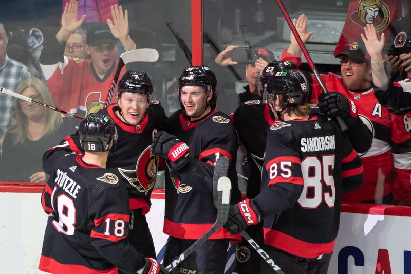 Oct 24, 2022; Ottawa, Ontario, CAN; Ottawa Senators left wing Brady Tkachuk (7) celebrates after scoring against the Dallas Stars in the third period at the Canadian Tire Centre. Mandatory Credit: Marc DesRosiers-USA TODAY Sports