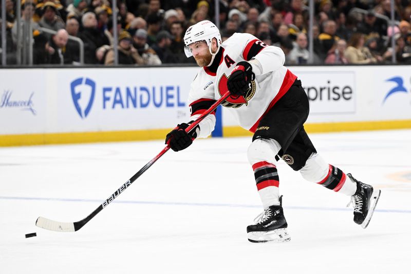 Jan 23, 2025; Boston, Massachusetts, USA; Ottawa Senators right wing Claude Giroux (28) takes a shot against the Boston Bruins during the second period at the TD Garden. Mandatory Credit: Brian Fluharty-Imagn Images