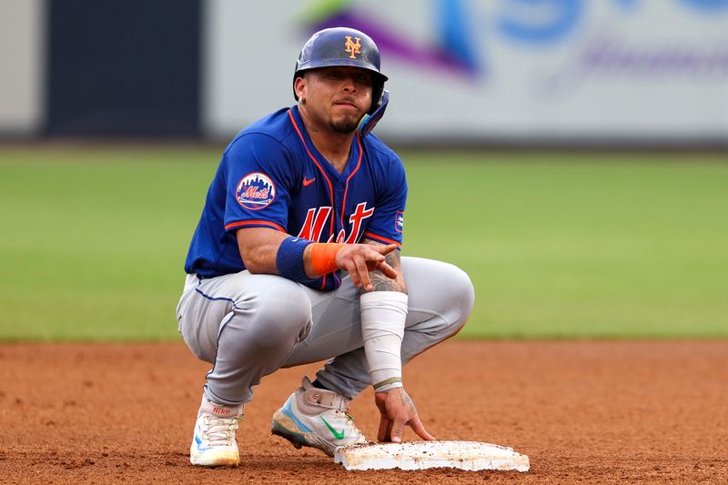 Mar 22, 2024; Tampa, Florida, USA;  New York Mets catcher Francisco Alvarez (4) reacts after stealing second base against the New York Yankees in the third inning at George M. Steinbrenner Field. Mandatory Credit: Nathan Ray Seebeck-USA TODAY Sports