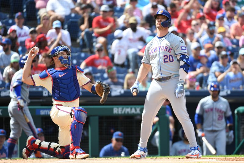 Sep 15, 2024; Philadelphia, Pennsylvania, USA; New York Mets first base Pete Alonso (20) reacts after being called out on strikes during the first inning against the Philadelphia Phillies at Citizens Bank Park. Mandatory Credit: Eric Hartline-Imagn Images