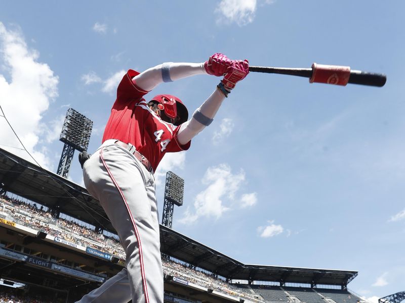 Aug 13, 2023; Pittsburgh, Pennsylvania, USA; Cincinnati Reds shortstop Elly De La Cruz (44) warms up in the on-deck circle against the Pittsburgh Pirates during the first inning at PNC Park. Mandatory Credit: Charles LeClaire-USA TODAY Sports