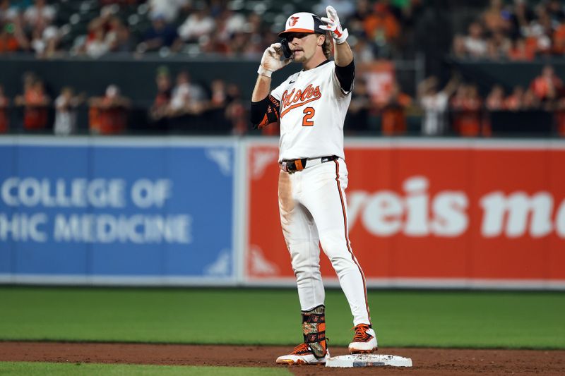 Jun 10, 2025; Baltimore, Maryland, USA; Baltimore Orioles shortstop Gunnar Henderson (2) celebrates after hitting a double during the eighth inning against the Detroit Tigers at Oriole Park at Camden Yards. Mandatory Credit: Daniel Kucin Jr.-Imagn Images