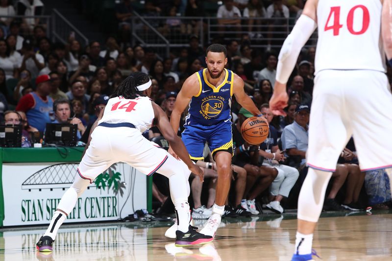 HONOLULU, HI - OCTOBER 5: Stephen Curry #30 of the Golden State Warriors dribbles the ball during the game against the Los Angeles Clippers on October 5, 2024 at the Stan Sheriff Center in Honolulu, Hawaii. NOTE TO USER: User expressly acknowledges and agrees that, by downloading and/or using this Photograph, user is consenting to the terms and conditions of the Getty Images License Agreement. Mandatory Copyright Notice: Copyright 2024 NBAE (Photo by Jay Metzger/NBAE via Getty Images)