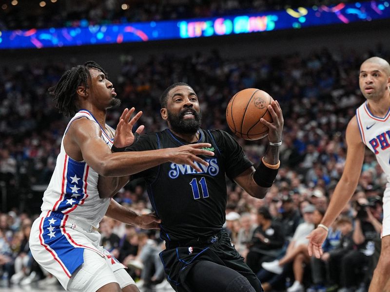 DALLAS, TX - MARCH 3: Kyrie Irving #11 of the Dallas Mavericks drives to the basket during the game against the Philadelphia 76ers on March 3, 2024 at the American Airlines Center in Dallas, Texas. NOTE TO USER: User expressly acknowledges and agrees that, by downloading and or using this photograph, User is consenting to the terms and conditions of the Getty Images License Agreement. Mandatory Copyright Notice: Copyright 2024 NBAE (Photo by Glenn James/NBAE via Getty Images)