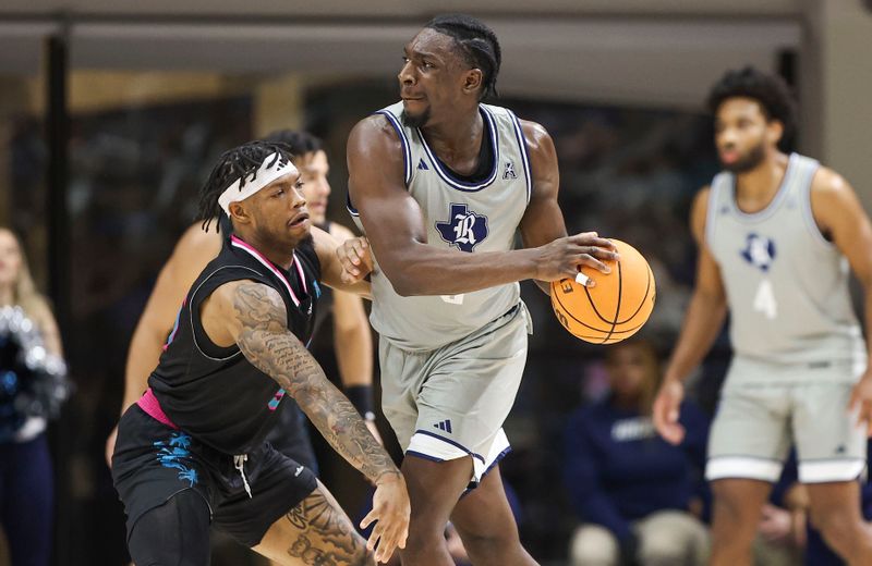 Jan 24, 2024; Houston, Texas, USA; Rice Owls forward Sam Alajiki (0) controls the ball as Florida Atlantic Owls guard Alijah Martin (15) defends during the second half at Tudor Fieldhouse. Mandatory Credit: Troy Taormina-USA TODAY Sports