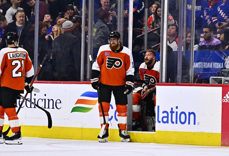 Feb 24, 2024; Philadelphia, Pennsylvania, USA; Philadelphia Flyers left wing Nicolas Deslauriers (44) looks on from the penalty box after fighting against the New York Rangers in the first period at Wells Fargo Center. Mandatory Credit: Kyle Ross-USA TODAY Sports