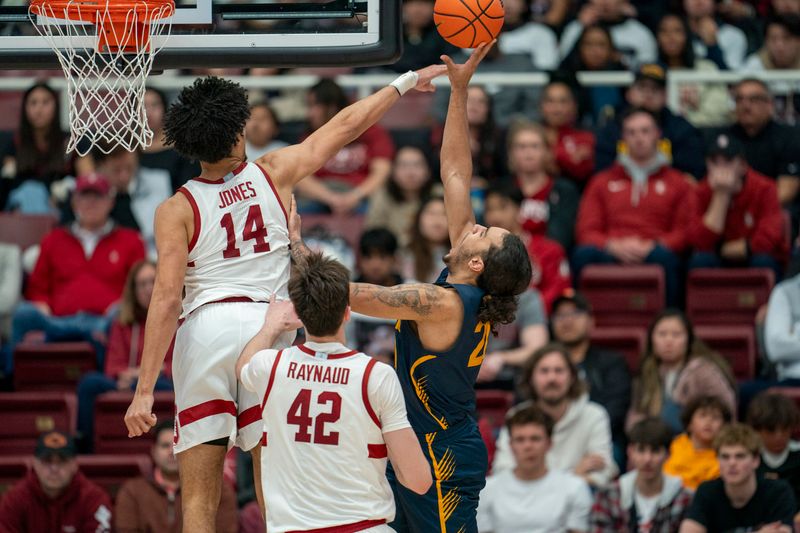 Mar 7, 2024; Stanford, California, USA; California Golden Bears guard Jaylon Tyson (20) shoots the basketball over Stanford Cardinal forward Spencer Jones (14) during the second quarter at Maples Pavillion. Mandatory Credit: Neville E. Guard-USA TODAY Sports