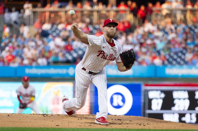 Sep 11, 2024; Philadelphia, Pennsylvania, USA; Philadelphia Phillies pitcher Zack Wheeler (45) throws a pitch during the first inning against the Tampa Bay Rays at Citizens Bank Park. Mandatory Credit: Bill Streicher-Imagn Images