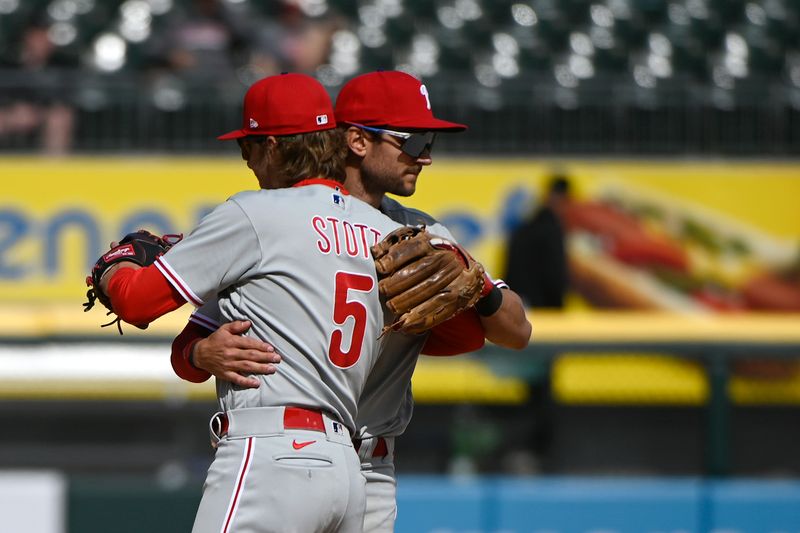 Apr 19, 2023; Chicago, Illinois, USA;  Philadelphia Phillies shortstop Trea Turner (7) hugs Philadelphia Phillies second baseman Bryson Stott (5) after beating the Chicago White Sox  at Guaranteed Rate Field. Mandatory Credit: Matt Marton-USA TODAY Sports