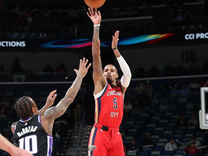 NEW ORLEANS, LA - DECEMBER 12: Dejounte Murray #5 of the New Orleans Pelicans shoots the ball during the game against the Sacramento Kings on December 12, 2024 at the Smoothie King Center in New Orleans, Louisiana. NOTE TO USER: User expressly acknowledges and agrees that, by downloading and or using this Photograph, user is consenting to the terms and conditions of the Getty Images License Agreement. Mandatory Copyright Notice: Copyright 2024 NBAE (Photo by Layne Murdoch Jr./NBAE via Getty Images)