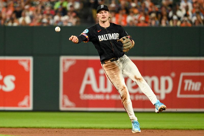 Jun 29, 2024; Baltimore, Maryland, USA;  Baltimore Orioles shortstop Gunnar Henderson (2) throws to first base during the seventh inning against the Texas Rangers at Oriole Park at Camden Yards. Mandatory Credit: Tommy Gilligan-USA TODAY Sports