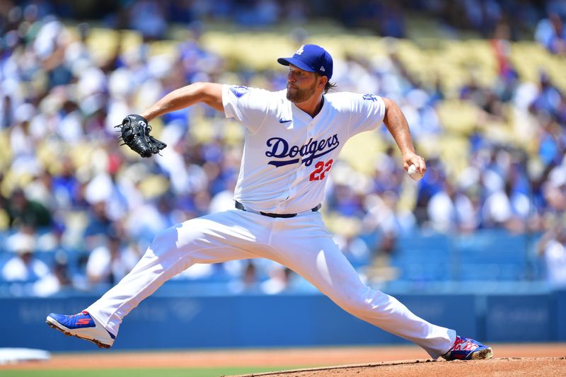 Jul 25, 2024; Los Angeles, California, USA; Los Angeles Dodgers starting pitcher Clayton Kershaw (22) throws against the San Francisco Giants during the first inning at Dodger Stadium. Mandatory Credit: Gary A. Vasquez-USA TODAY Sports